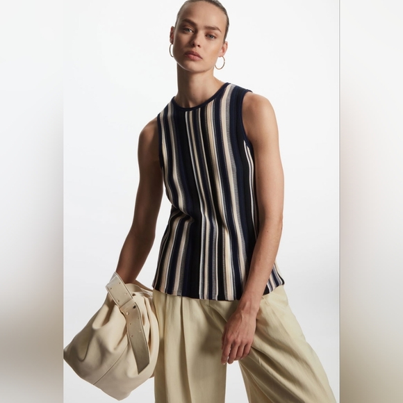 COS Tops - COS Navy, Cream & Beige Striped Ribbed Tank Top